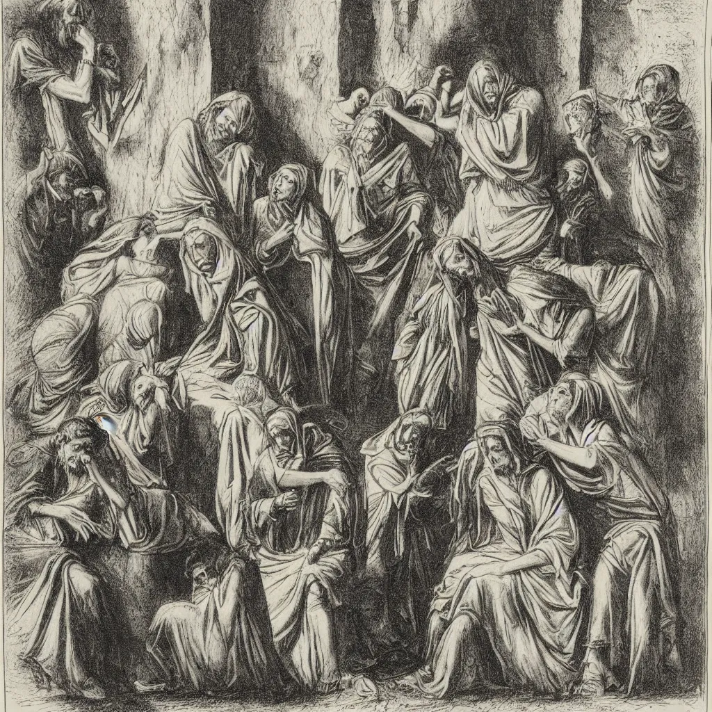 Image similar to a gustav dore etching of 3 maria's crying at the death of christ