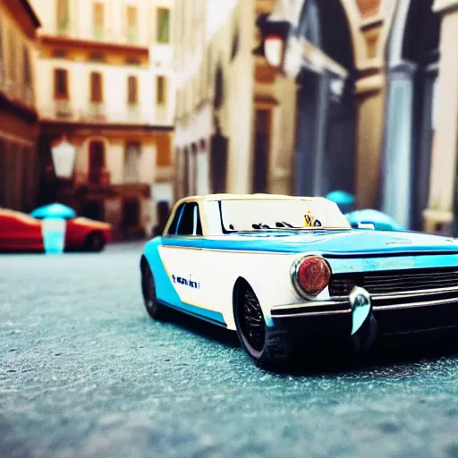 Image similar to 3 5 mm photo of dior design car like hot wheels model, rome background, epic cinematic