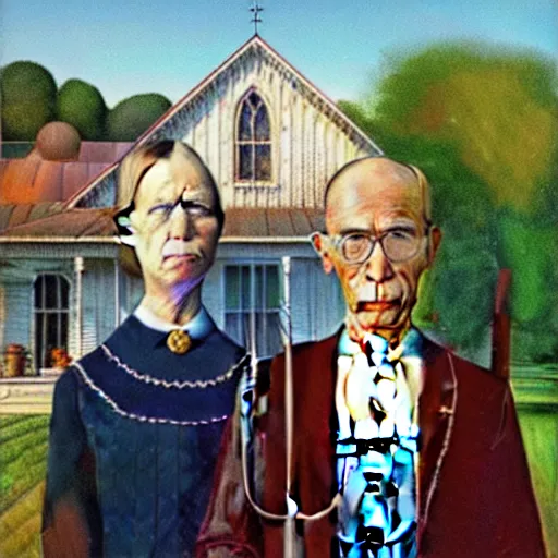 Prompt: american gothic painting but with donald trump and melania trump as the subjects, art station, high quality,