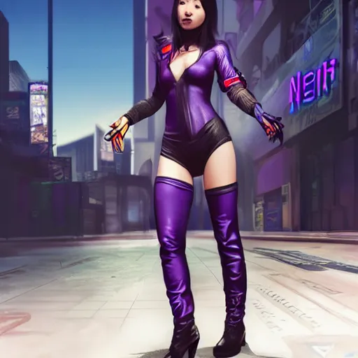 Prompt: Korean cyberpunk female, Cyberpunk 2077 night city gang member with purple bodysuit and knee high boots, trending on artstation by Ruan Jia and Mandy Jurgens and Artgerm and