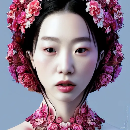 Prompt: the portrait of an absurdly beautiful, graceful, elegant, sophisticated, fashionable young japanese woman made of strawberries and white petals with tears, an ultrafine hyperdetailed illustration by kim jung gi, irakli nadar, intricate linework, bright colors, octopath traveler, final fantasy, unreal engine 5 highly rendered, global illumination, radiant light, detailed and intricate environment
