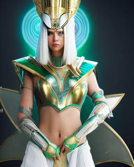 Image similar to perfect white haired attractive egyptian goddess, warframe armor, pharaoh headdress, beautiful, symmetric, dreamy, half asian, pretty face, green eyes, charlize theron, detailed, scifi platform, laboratory, experiment, 4 k, ultra realistic, epic lighting, android body, illuminated, cinematic, masterpiece, art by akihito tsukushi, voidstar