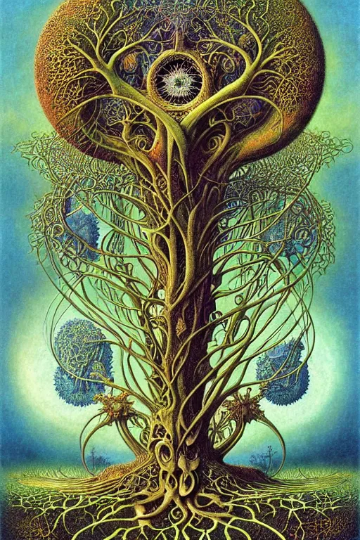 Image similar to tree of life by roger dean and andrew ferez, art forms of nature by ernst haeckel, divine chaos engine, symbolist, visionary, art nouveau, botanical fractal structures, organic, detailed, realistic, surreality