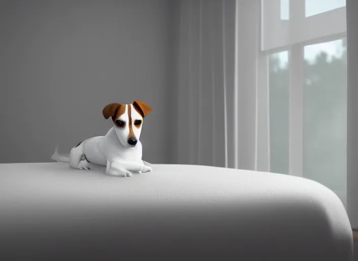 Image similar to photography of a Jack Russel . watching outside the window. on a bed .in a 3d rendered white room. octane render, 3d, foggy, volumetric light, volumetric fog, photorealistic, unreal engine 5, award winning photo, 100mm, sharp, cloth, high res