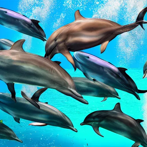 Prompt: colorful underwater view of dolphins and reef fish, realistic photo