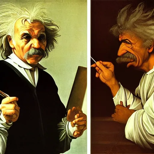 Prompt: Caravaggio painting a portrait of Einstein as Einstein is painting a portrait of Mark Twain