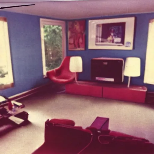 Image similar to Polaroid photograph of a living room in 1982!! A square CRT TV is on, with Netflix on the screen!!!!! The only light in the room is the light from TV.