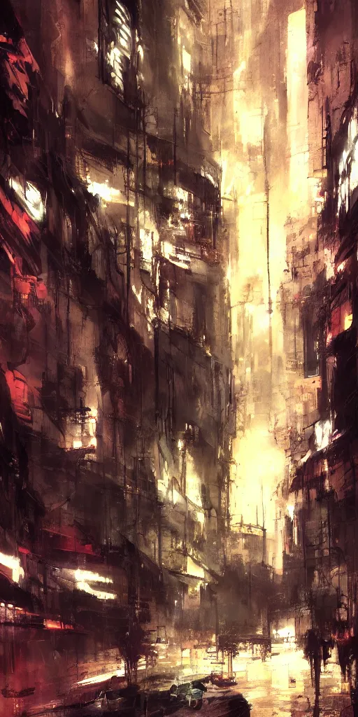Prompt: a blade runner dungeon located in a city painted by ashley wood and phil hale, masterpiece, award - winning, sharp focus, intricate concept art, ambient lighting, 8 k, artstation, pixiv