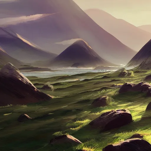 Prompt: the mountains of mourne in ireland sweeping down to the sea, highly detailed, digital painting, concept art, sharp focus, by makoto shinkai