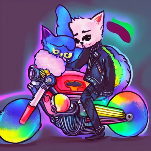 Image similar to wide angle full body, jacket wearing fluffy cute rainbow kitten wearing a black leather motorcycle jacket, riding on a motorcycle, cinematic concept art