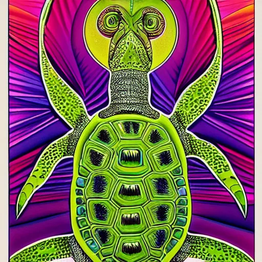 Image similar to turtle sparrow crystal apotheosis, in the style of alex grey and maxfield parish,