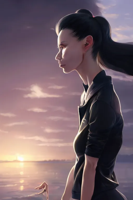 Prompt: black ponytail hair, pale woman in a black unzipped jacket, black shorts, by artgerm, beautiful render, matte painting, realistic, dynamic angle, wlop, loish, octane render, sharp focus, decadent, by greg rutkowski makoto shinkai