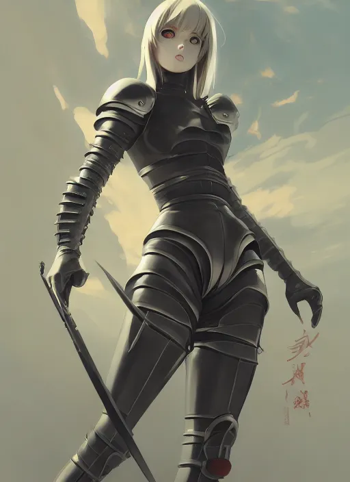 Prompt: detailed, sharp, full body portrait of a female crusader in black armor by Ilya Kuvshinov and Anna Dittmann and studio ghibli and WLOP and Rossdraws, digital art, surreal, trending on artstation, anime arts, featured on Pixiv, blue lighting, HD, 8K, highly detailed, good lighting, beautiful, epic, masterpiece