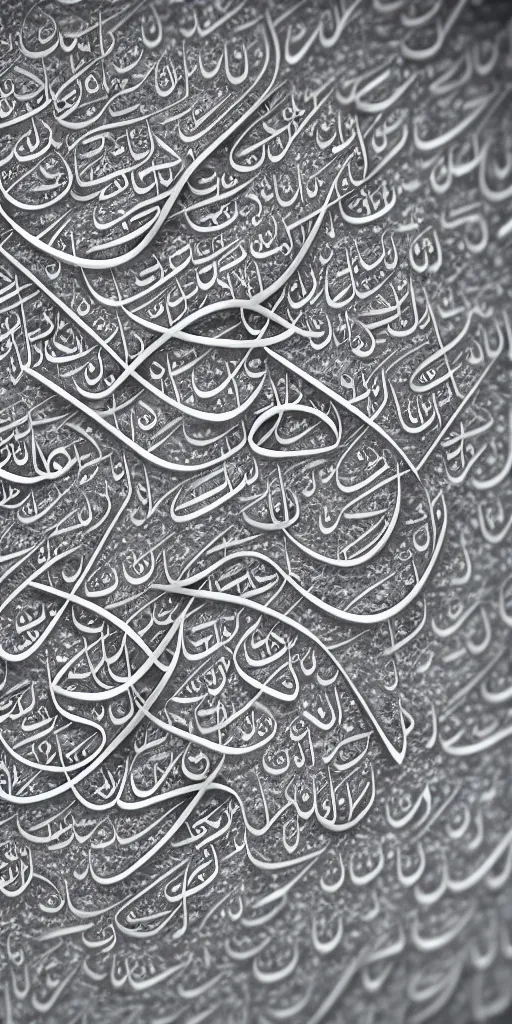 Image similar to a photorealistic render of a 3 d arabic calligraphy, made of liquid metal and marble, cinema 4 d, by zhelong xu, ernst haeckel and mouneer alshaarani, hyper realistic, plain background, 8 k, volumetric lightning, trending on artstation