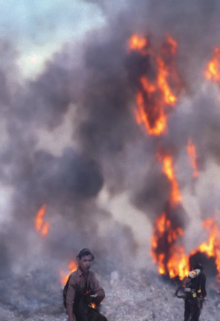 Prompt: portrait photograph fashion in Kuwait oil fields fire burning. 1991. highly detailed. depth of field. high definition. 8k. photography.