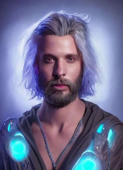 Prompt: A striking epic hyper real portrait painting of aasimar warlock, teal electricity surrounding body, male, shaggy silver hair, short scruffy beard, 4k, 8k, Apex Legends Concept Art, D&D Concept Art, unreal 5, DAZ, hyperrealistic, octane render, cosplay, RPG portrait, dynamic lighting