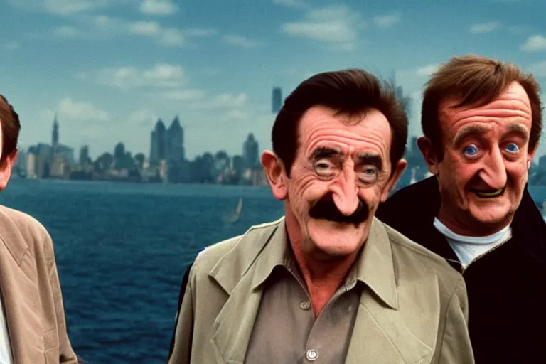 Image similar to Barry Chuckle and Bernard Manning in a buddy cop adventure directed by Wim Wenders, cinematography by Robby Müller