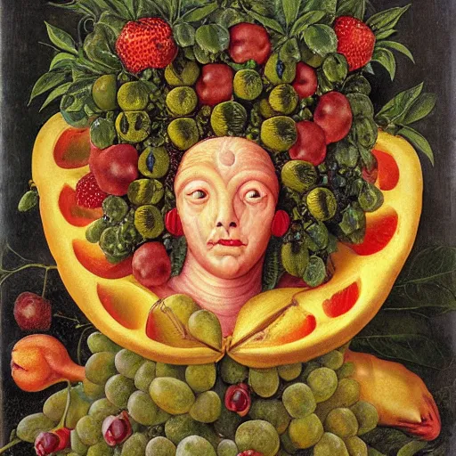 Prompt: Medusa as a fruit painting, by Giuseppe Arcimboldo