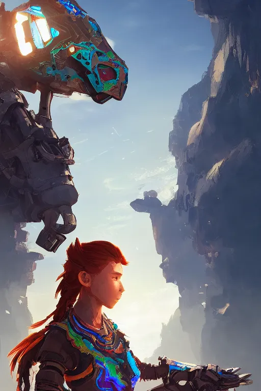 Image similar to combination suit armor aloy horizon forbidden west horizon zero dawn radiating a glowing aura global illumination ray tracing hdr fanart arstation by ian pesty and alena aenami artworks in 4 k tribal robot ninja mask helmet backpack