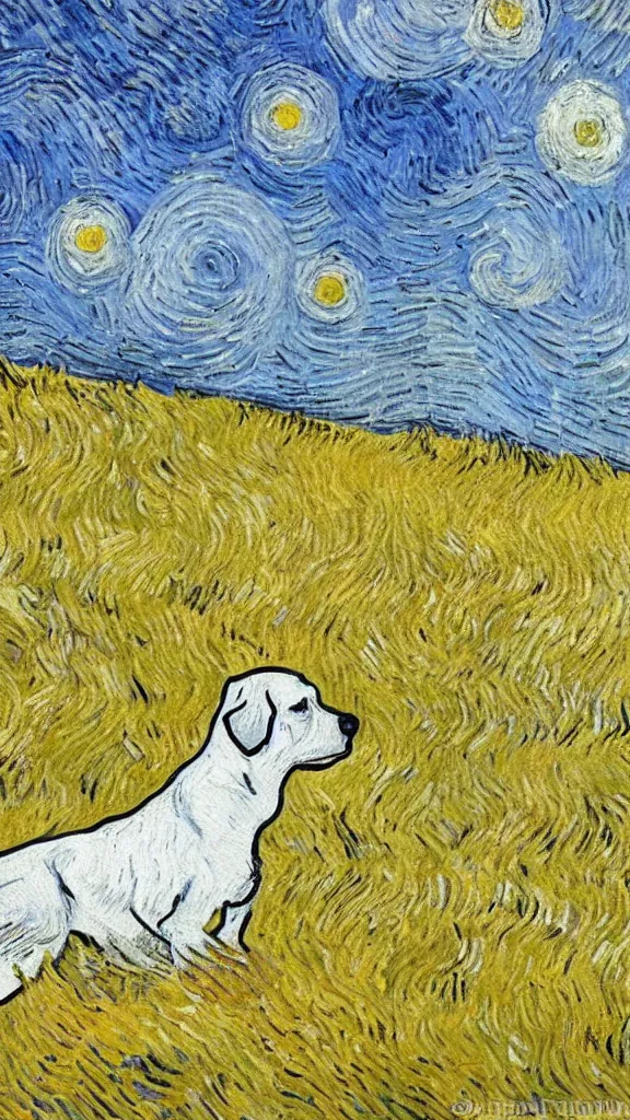 Image similar to A white and yellow dog was rolling in the field,In the style of Van Gogh.