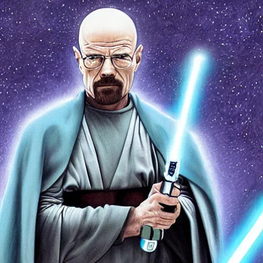 Prompt: Walter white as a Jedi, he holds a blue lightsaber, highly detailed realistic digital art