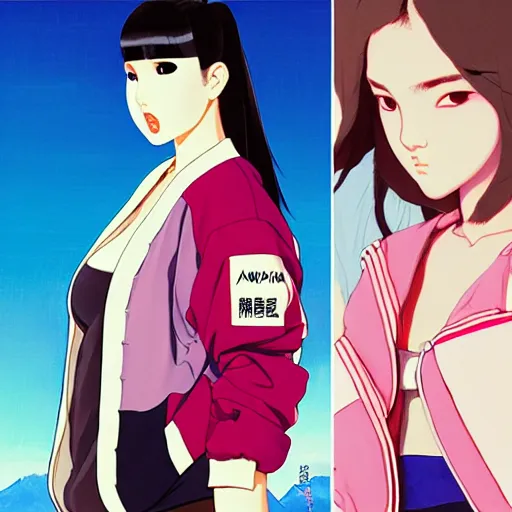Image similar to a beautiful plus sized model japanese natalie portman, alluring, wearing oversized mayan bomber jacket and leotard with overalls, bulky poofy bomber jacket with mayan patterns, aztec street fashion, gapmoe yandere grimdark, trending on pixiv fanbox, painted by greg rutkowski makoto shinkai takashi takeuchi studio ghibli, akihiko yoshida