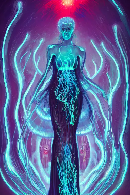 Prompt: woman in azure bioluminescent jellyfish dress standing in art deco doorway to hell sliced by a iridescent glass cracks shattering the sky, crimson clouds, Mohrbacher style , 6 billion demons style, 8k, artstation trending, high detail, vollumetric lighting, soft lighting