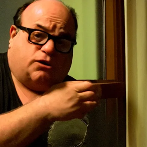 Prompt: still image from a found footage movie of devito staring hungrily through a window at night