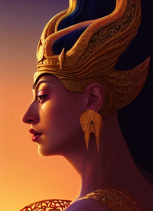 Prompt: side profile centered painted portrait, queen sirikrit as golden fairy, d & d, gloomhaven, matte painting concept art, art nouveau, beautifully backlit, swirly vibrant color lines, fantastically gaudy, aesthetic octane render, 8 k hd resolution, by ilya kuvshinov and cushart krentz and gilleard james