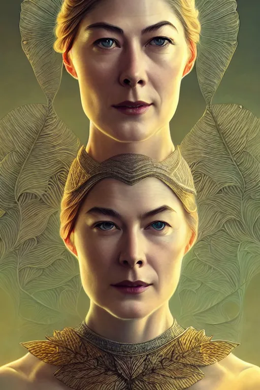 Prompt: young rosamund pike portrait, art deco, fantasy, intricate art deco leaf designs, elegant, highly detailed fractals, sharp focus, art by artgerm and beeple and greg rutkowski and wlop