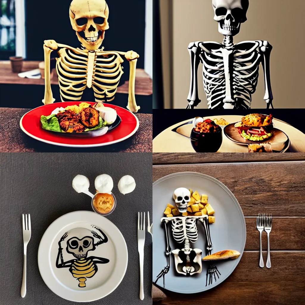 Prompt: a skeleton sat at a dining table with a plate of food in front of it