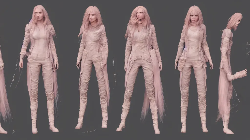 Prompt: character sheet for a light pink long haired female for futuristic baggy jacket dystopian mad max like fashion brand demobaza on an alien planet, impact by craig mullins, by studio ghibli, digital art, trending on artstation, hd, 8 k, highly detailed, good lighting, beautiful, masterpiece