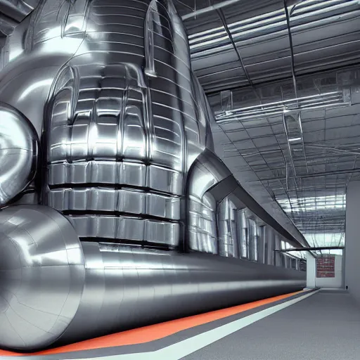 Image similar to big metallic capsule connected to pipelines, purpose is pump, standing in large industrial hall, designed by best engineers, raytracing, reflections