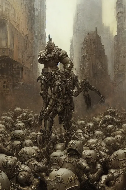 Prompt: soldiers on city street accompany martyn ford as a huge bipedal martian with bulbous torso wearing armour, painted by ruan jia, raymond swanland, lawrence alma tadema, zdzislaw beksinski, norman rockwell, jack kirby, tom lovell, alex malveda, greg staples