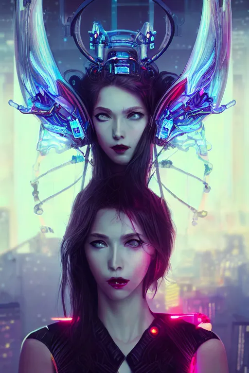 Prompt: portrait futuristic Devil Girl with horns and wings, in future cyberpunk tokyo rooftop , ssci-fi, fantasy, intricate, very very beautiful, elegant, human anatomy, neon light, highly detailed, digital painting, artstation, concept art, smooth, sharp focus, illustration, art by tian zi and WLOP and alphonse mucha
