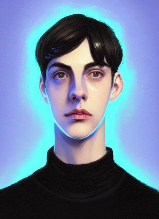 Image similar to portrait of teenage jughead jones wearing a light grey crown, crown, blue turtleneck, closed eyes, photorealistic, black hair, glowing lighting, intricate, elegant, glowing lights, highly detailed, digital painting, artstation, concept art, smooth, sharp focus, illustration, art by wlop, mars ravelo and greg rutkowski