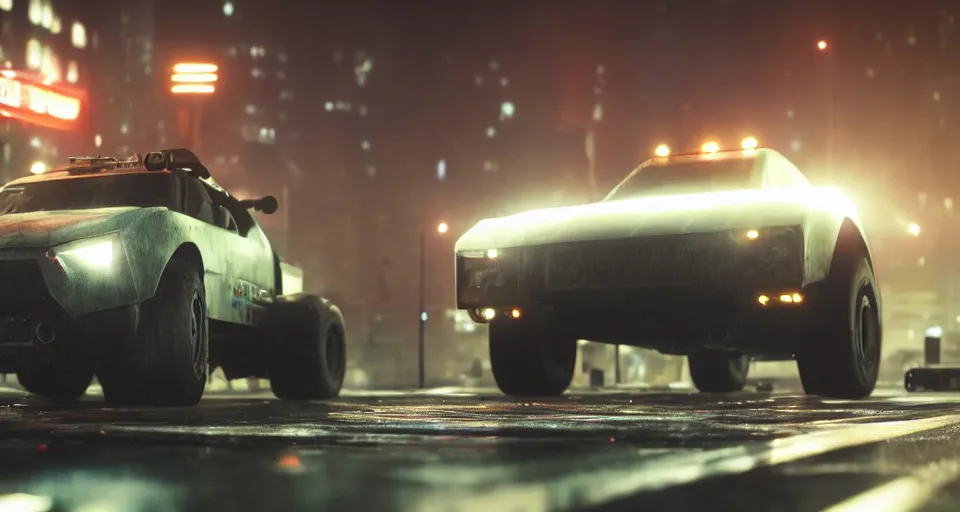 Image similar to macro closeup photo of combat tesla cybertruck hovering over wet dystopian cyberpunk city streets at night, mad max, action, speed, volumetric lighting, hdr, need for speed, gta 5, ridley scott, makoto shinkai, syd mead, craig mullins, cinematic, fast and furious, blade runner, octane, 8 k, iso 1 0 0