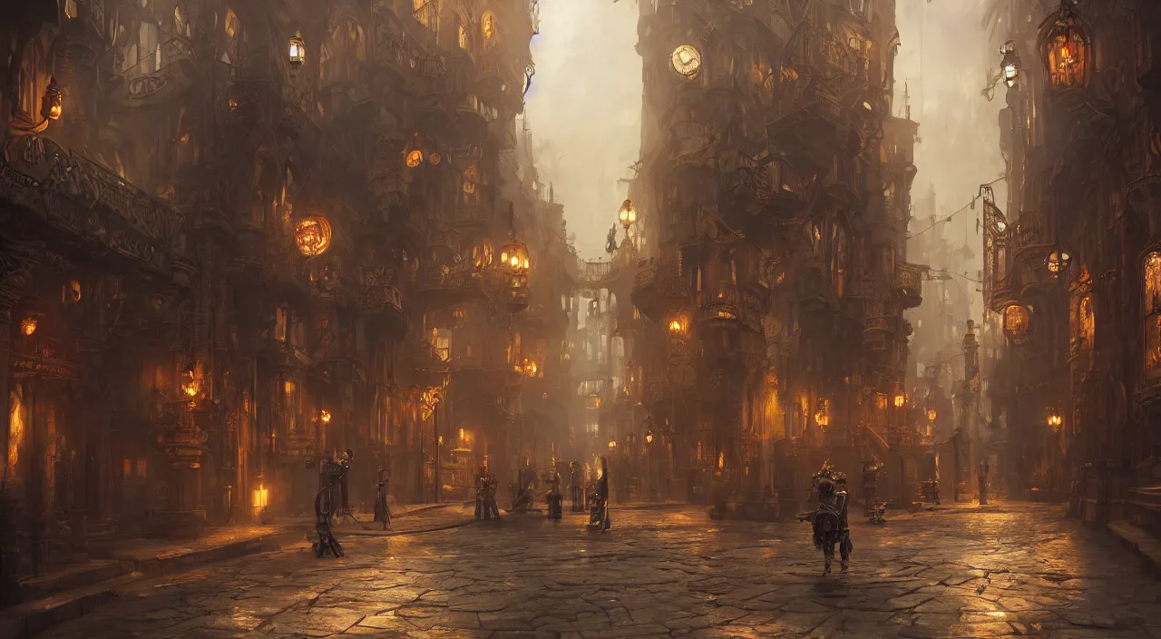 Prompt: a beautiful matte concept art painting of inside pov victorian style steampunk fantasy city streets with steampunk robots, concept art, deviantart, flickr, artstation, octane render, textured, colorful, very detailed, volumetric lighting, detailed lighting, octane render, 4 k, cinematic lighting, 8 k resolution