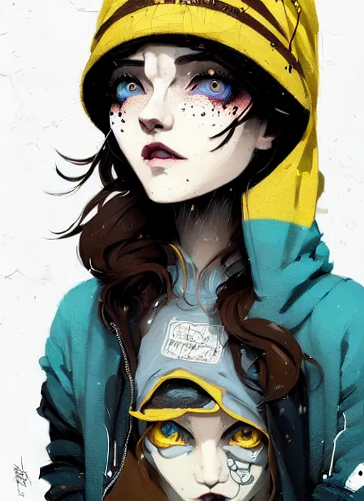 Image similar to highly detailed portrait of a sewerpunk student lady, blue eyes, hoody, beanie hat, white hair by atey ghailan, james gilleard, by greg rutkowski, by joe fenton, by greg tocchini, by kaethe butcher, gradient yellow, black, brown and cyan color scheme, grunge aesthetic!!! ( ( graffiti tag wall background ) )