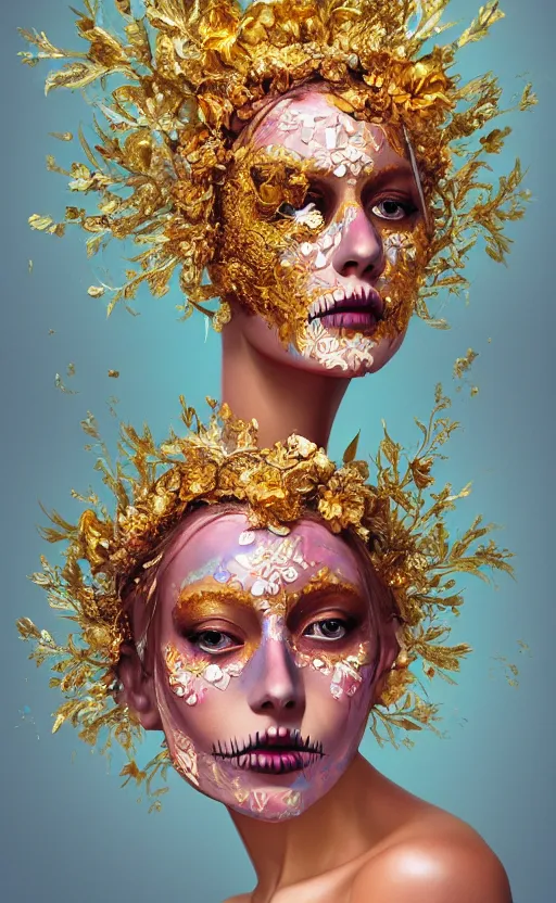 Image similar to a gold oil painting hyperrealism of a beautiful woman on a white background, flowers, dia de los muertos makeup, floral headdress, 8 k resolution, octane render, trending on artstation, by gediminas pranckevicius, volumetric light 2 blue fractal thunder glow by dan mumford, anaglyph effect, laurie lipton