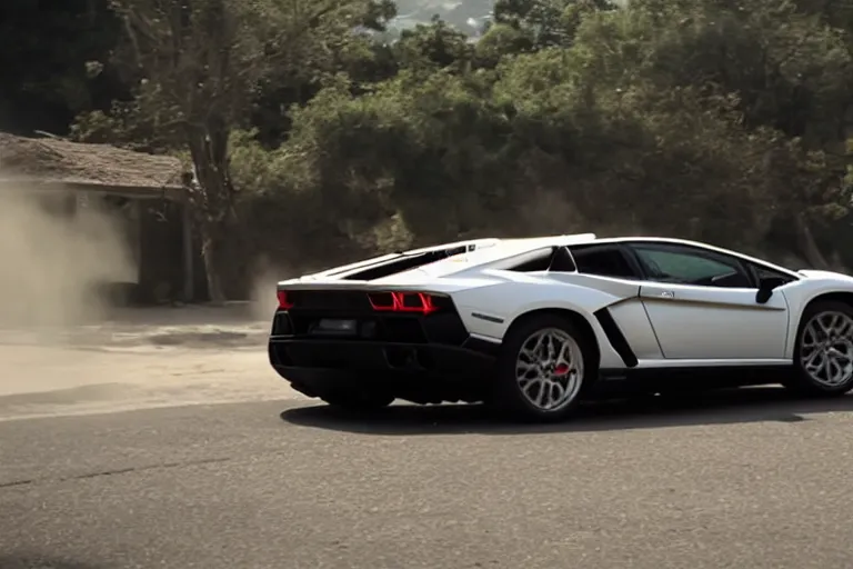 Image similar to A cinematic film still of a Lamborghini in the movie 2012.