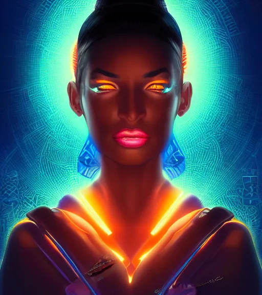 Image similar to symmetry!! egyptian princess of technology, solid cube of light, hard edges, product render retro - futuristic poster scifi, lasers and neon circuits, beautiful brown skin woman egyptian princess, intricate, elegant, highly detailed, digital painting, artstation, concept art, smooth, sharp focus, illustration, dreamlike, art by artgerm