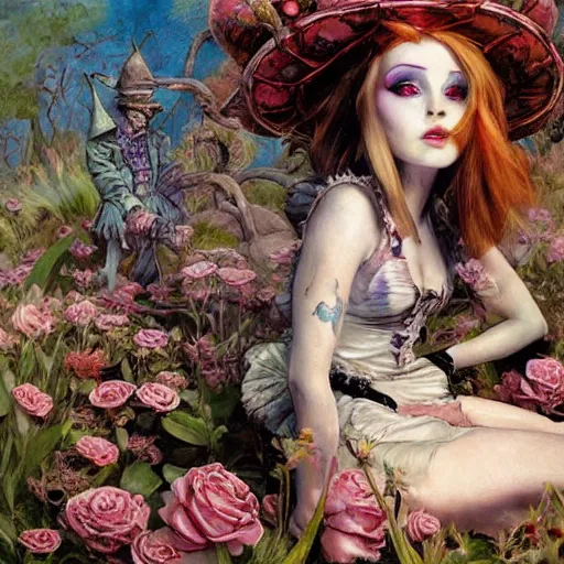 Image similar to alice in wonderland high on weed, intricate detail, painting, royo, frazetta, whealan,