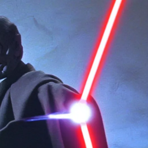 Image similar to mr. bean as darth sidious, holding a red light saber in star wars, film still, cinematic lighting, highly detailed