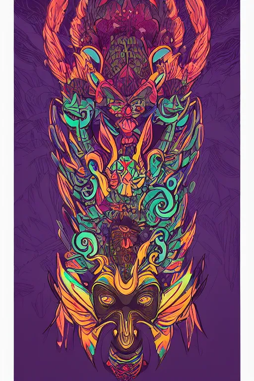 Image similar to animal mask totem roots flower tribal feather gemstone plant wood rock shaman vodoo video game vector cutout illustration vivid multicolor borderlands comics by josan gonzales and dan mumford radiating a glowing aura