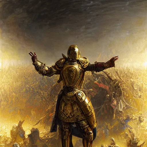 Image similar to artstation concept of a man in armor standing in a crowd gettig cheered, man with arms wide open, bright colorful, gold, hyperdetailed, artstation trending, world renowned artists, worth 1 0 0 0. com, historic artworks society, antique renewel, cgsociety, by greg rutkowski, by gustave dore, deviantart