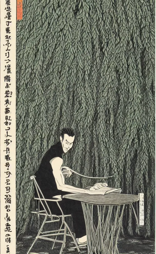 Prompt: by akio watanabe, manga art, willow plant, steel chair, portrait of male writer doing his work, bookshelf, trading card front, realistic anatomy