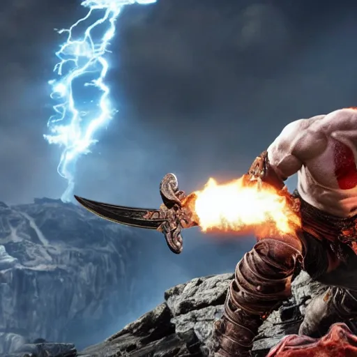 Image similar to kratos, with leviathan axe, jumping a black harley - davidson motorcycle off a cliff, cinematic render, playstation studios official media, god of war 2 0 1 8, flames