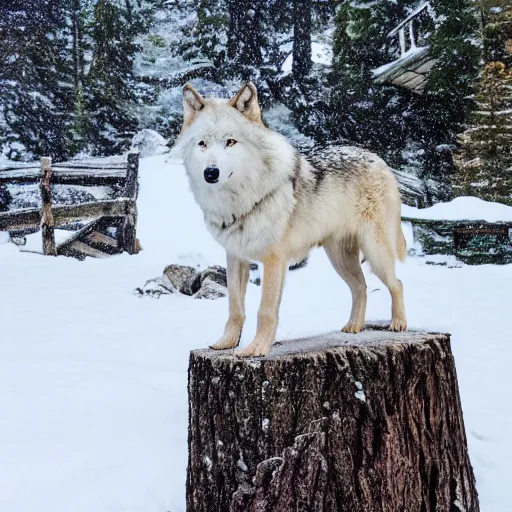 Prompt: 35mm full body photo of Adelaide Kane standing in front of a snowy wooden cabin with a white wolf besides her, Extremely detailed. 8k, realistic