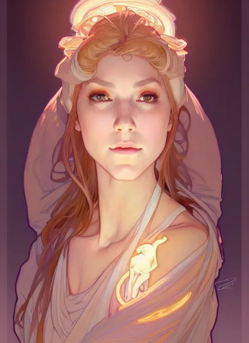 Image similar to digital character concept art by artgerm and greg rutkowski and alphonse mucha. clear portrait of a modern young wife blessed by god to uncontrollably grow more perfect and fertile!! blonde, in clothes! feminine well - formed holy body!! light effect. hyper detailed, glowing lights!! intricate, elegant, digital painting, artstation, smooth, sharp focus
